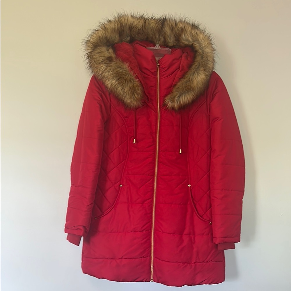 Susan Graver Red Puffer Coat with Faux Fur Hood